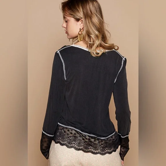 POL Black Henley Top Lace Sleeves - Picture 2 of 5